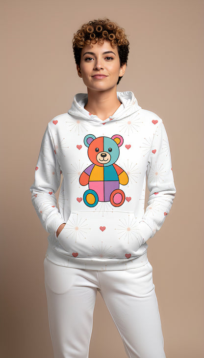 Rainbow Patchwork Bear Cozy Hoodie | Colorful Unisex All-Over Print