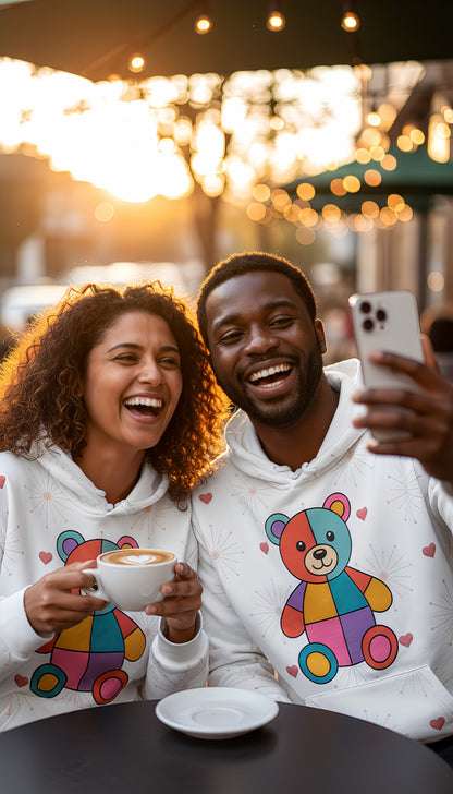 Rainbow Patchwork Bear Cozy Hoodie | Colorful Unisex All-Over Print