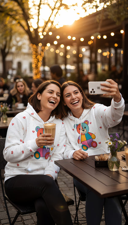 Rainbow Patchwork Bear Cozy Hoodie | Colorful Unisex All-Over Print