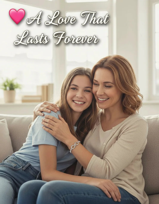 Mother and daughter sitting together on a couch with 'A Love That Lasts Forever' text and heart symbol.