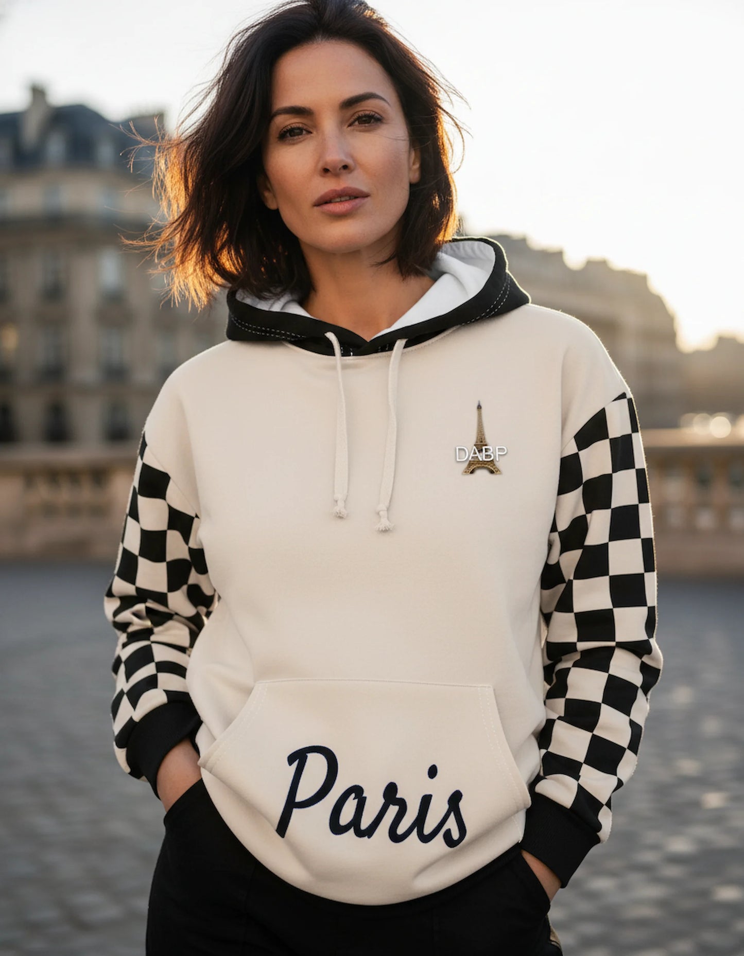 Paris Checkered Unisex Hoodie (Beige)