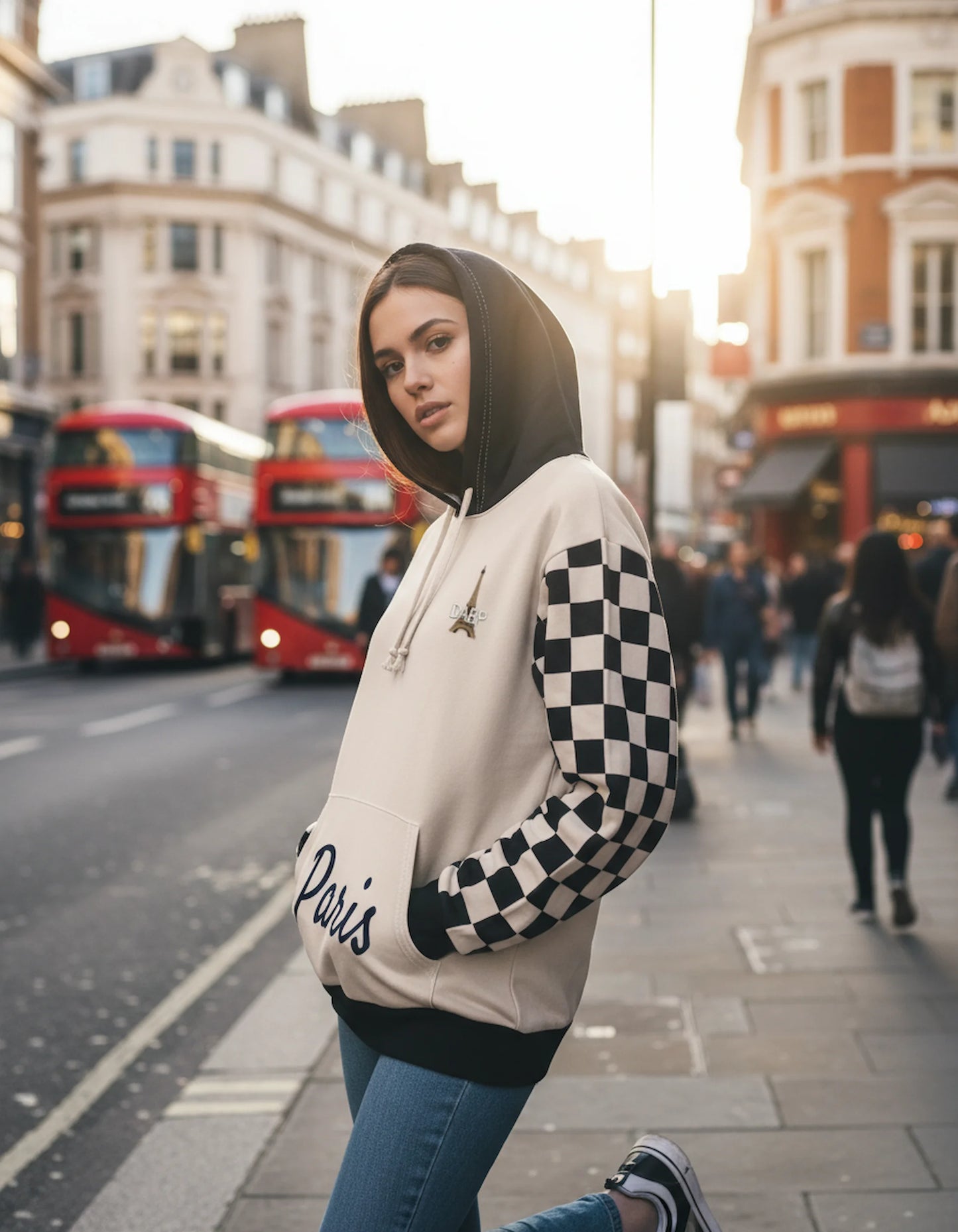 Paris Checkered Unisex Hoodie (Beige)