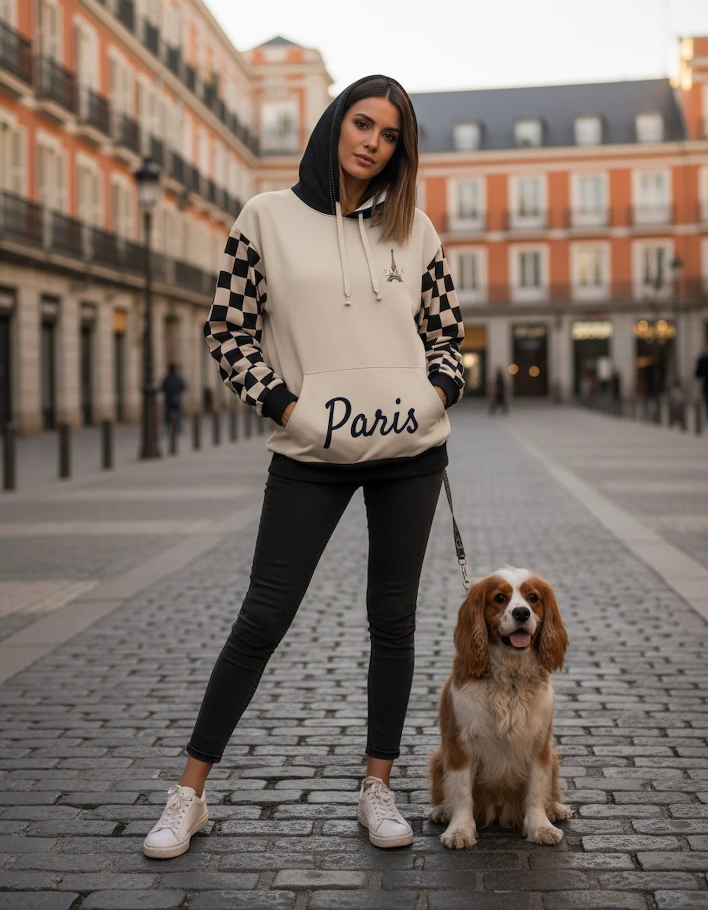 Paris Checkered Unisex Hoodie (Beige)
