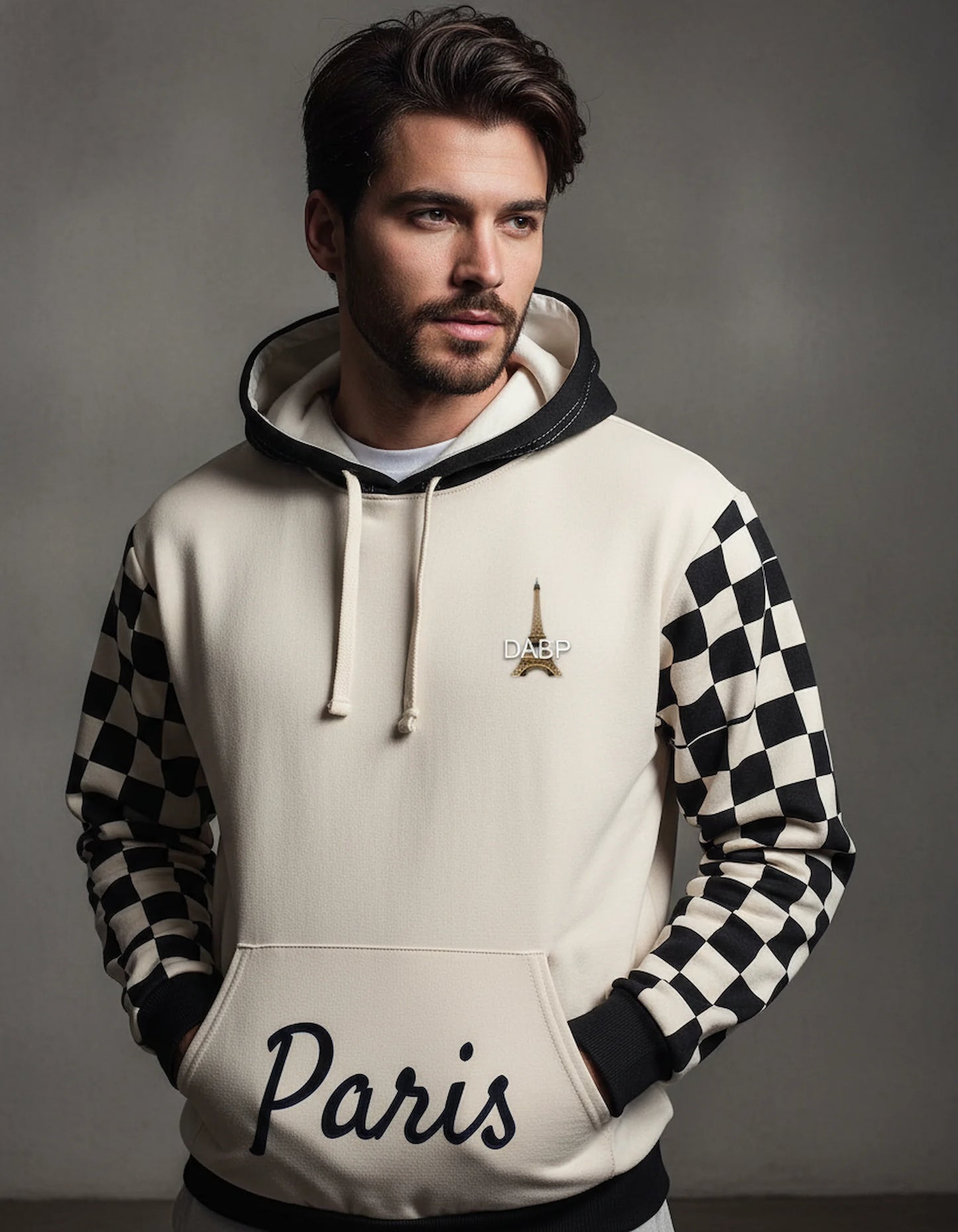 Paris Checkered Unisex Hoodie (Beige)