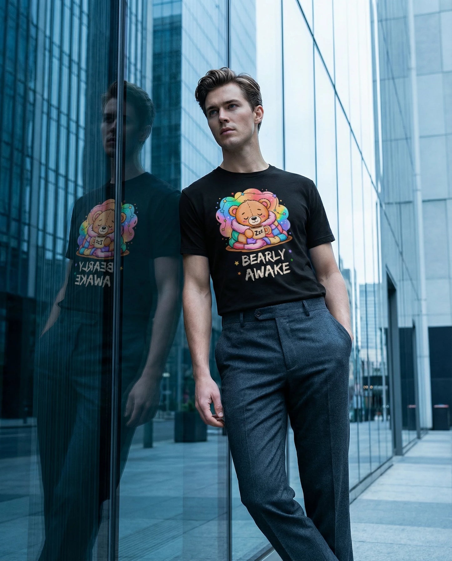 Bearly Awake Teddy Bear Tee | Cute Coffee Bear Wrapped in Rainbow Blanket