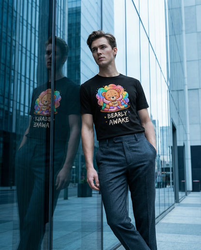 Bearly Awake Teddy Bear Tee | Cute Coffee Bear Wrapped in Rainbow Blanket