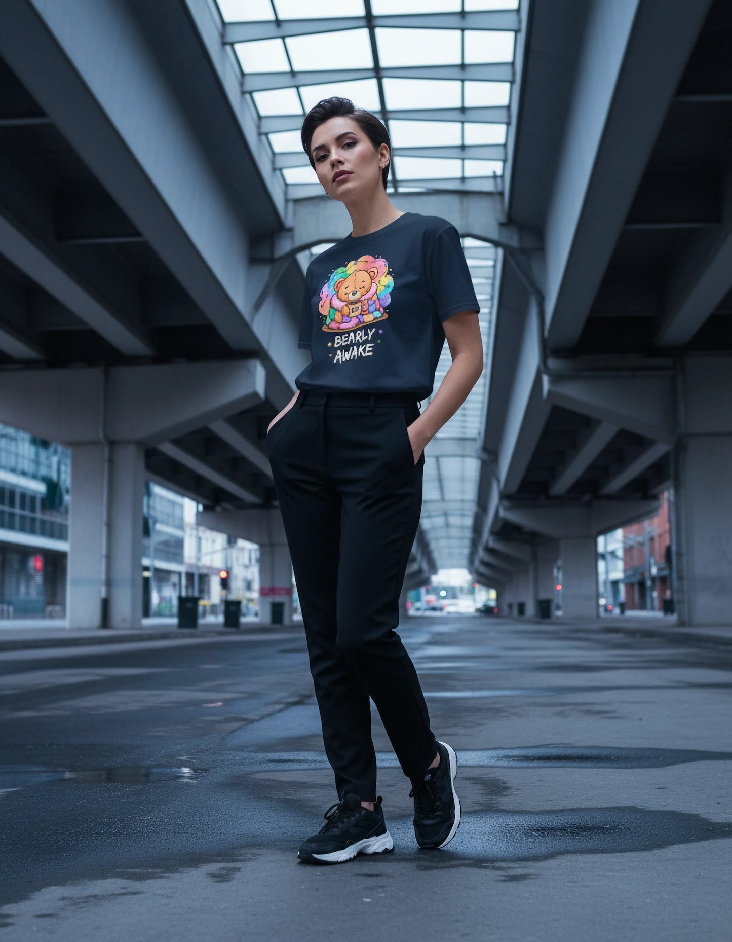 Bearly Awake Teddy Bear Tee | Cute Coffee Bear Wrapped in Rainbow Blanket