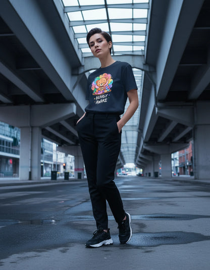 Bearly Awake Teddy Bear Tee | Cute Coffee Bear Wrapped in Rainbow Blanket