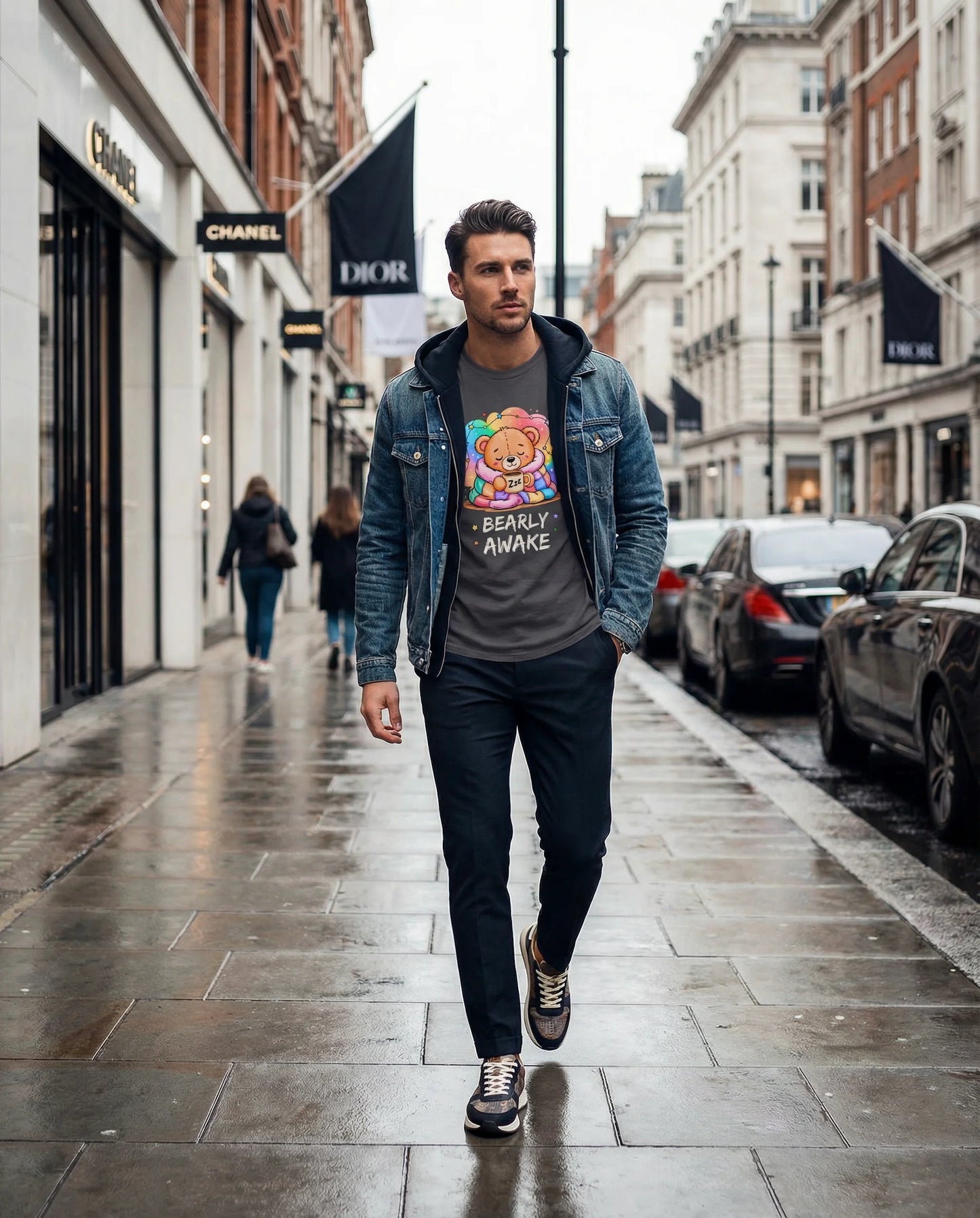 Bearly Awake Teddy Bear Tee | Cute Coffee Bear Wrapped in Rainbow Blanket