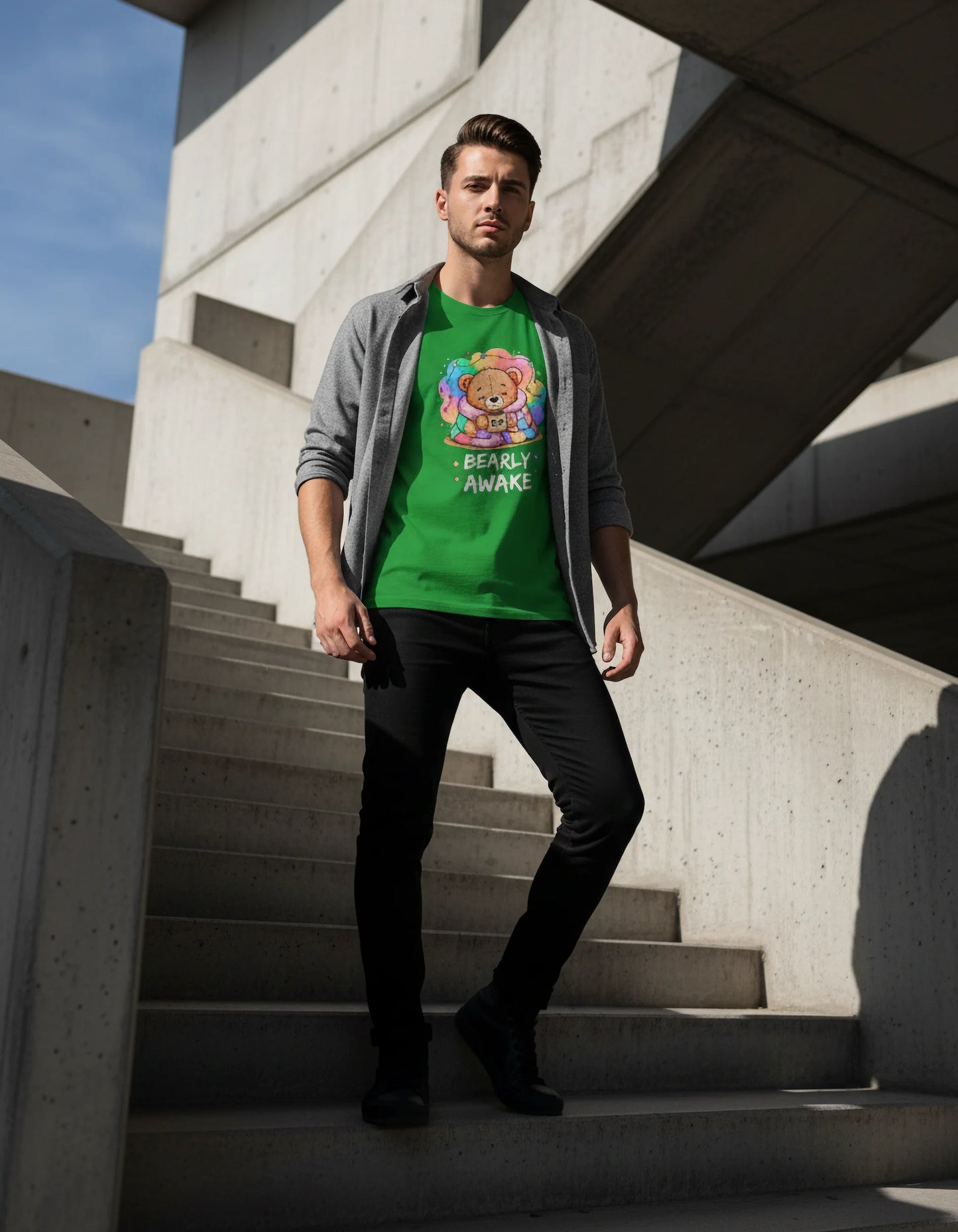 Bearly Awake Teddy Bear Tee | Cute Coffee Bear Wrapped in Rainbow Blanket