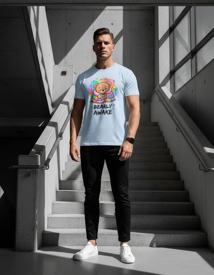 Bearly Awake Teddy Bear Tee | Cute Coffee Bear Wrapped in Rainbow Blanket