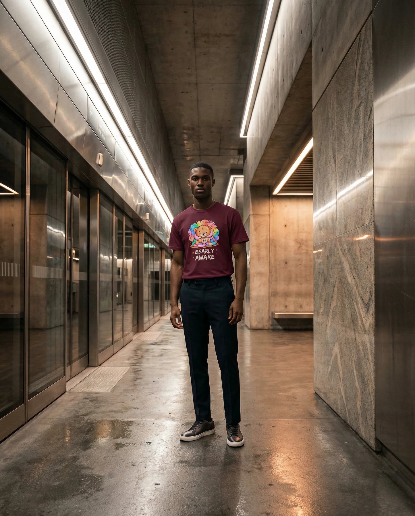 Bearly Awake Teddy Bear Tee | Cute Coffee Bear Wrapped in Rainbow Blanket