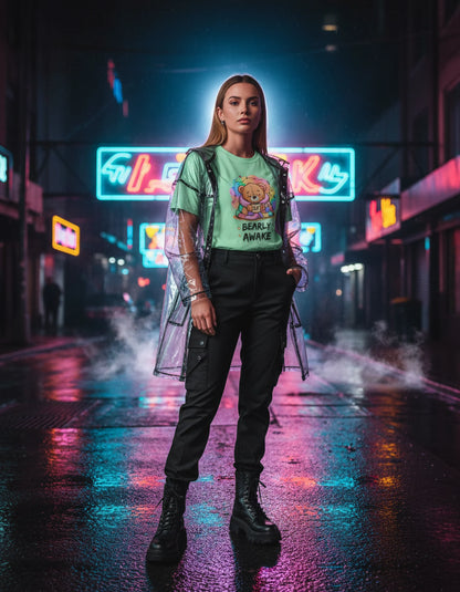 Bearly Awake Teddy Bear Tee | Cute Coffee Bear Wrapped in Rainbow Blanket