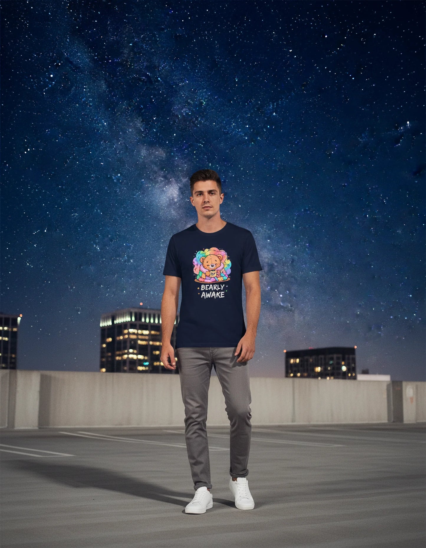 Bearly Awake Teddy Bear Tee | Cute Coffee Bear Wrapped in Rainbow Blanket