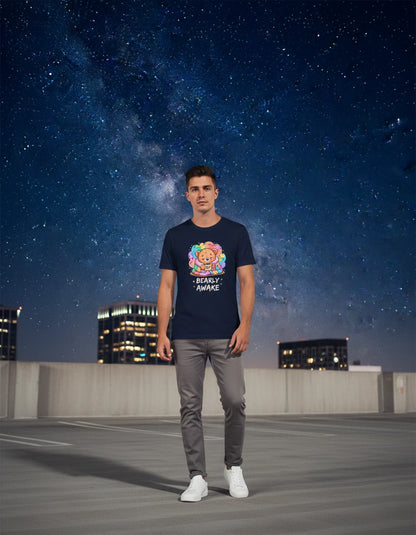 Bearly Awake Teddy Bear Tee | Cute Coffee Bear Wrapped in Rainbow Blanket