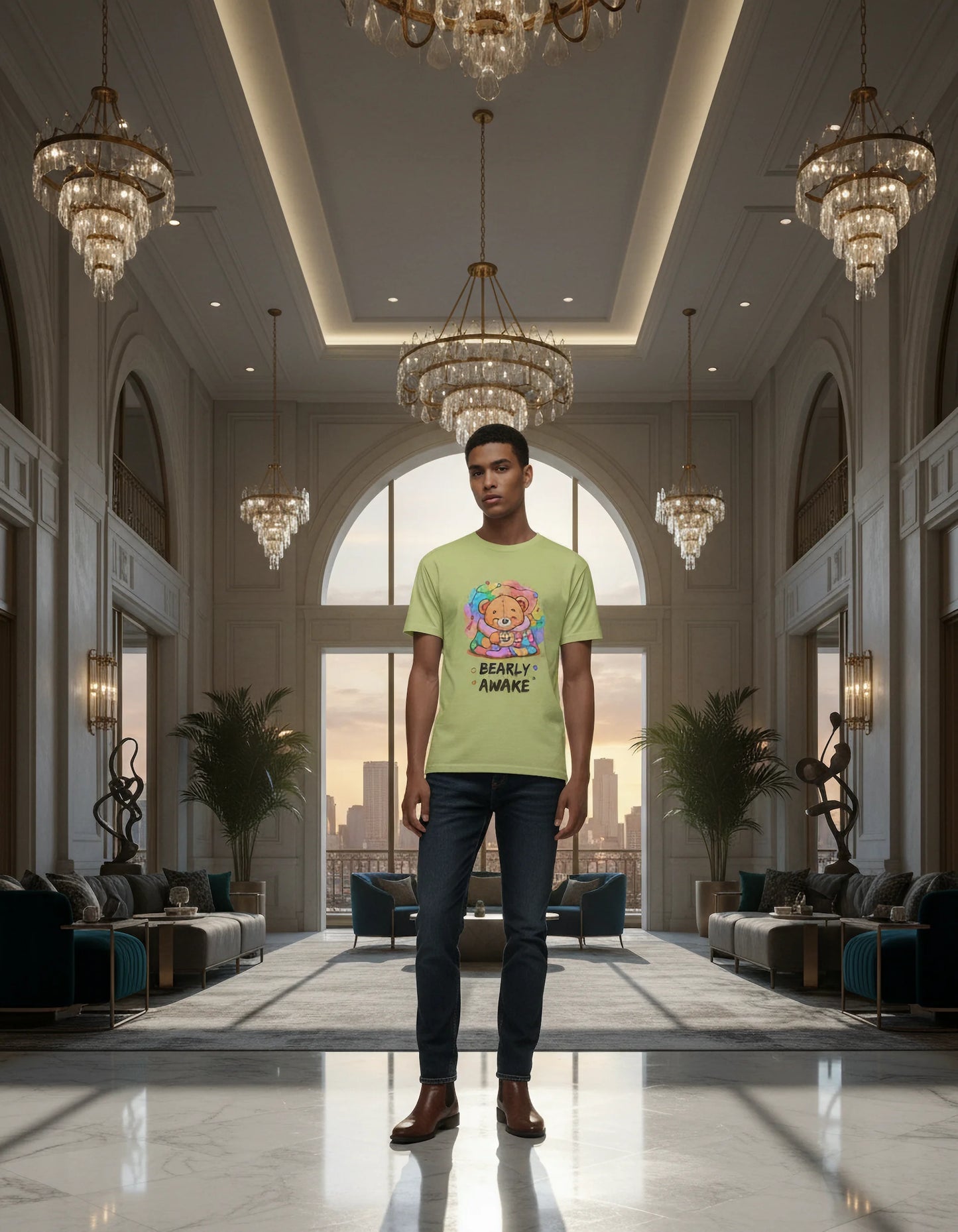 Bearly Awake Teddy Bear Tee | Cute Coffee Bear Wrapped in Rainbow Blanket