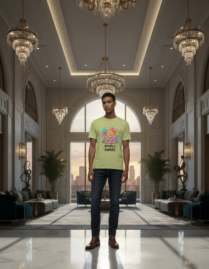 Bearly Awake Teddy Bear Tee | Cute Coffee Bear Wrapped in Rainbow Blanket