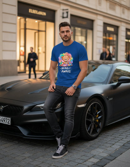 Bearly Awake Teddy Bear Tee | Cute Coffee Bear Wrapped in Rainbow Blanket