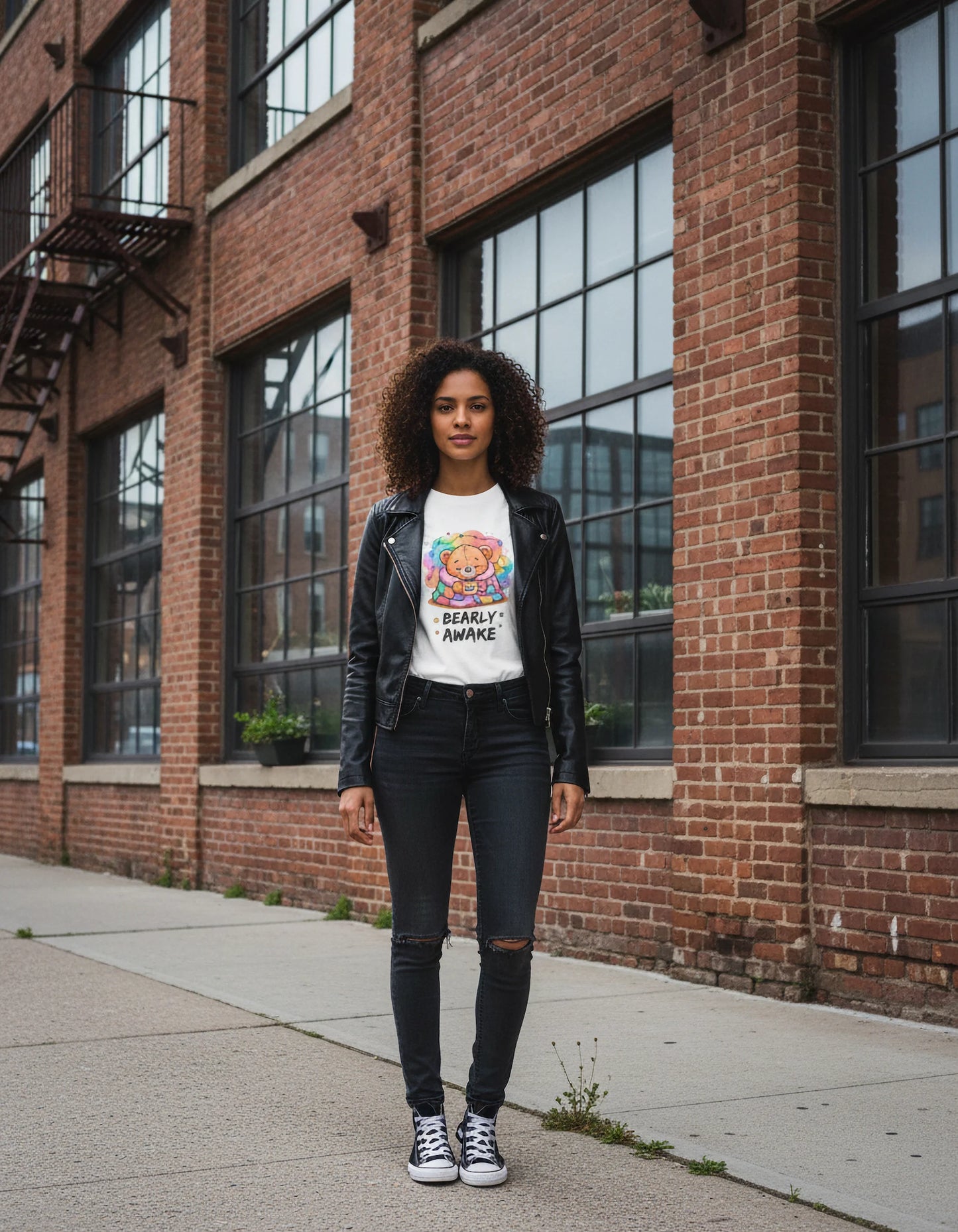 Bearly Awake Teddy Bear Tee | Cute Coffee Bear Wrapped in Rainbow Blanket