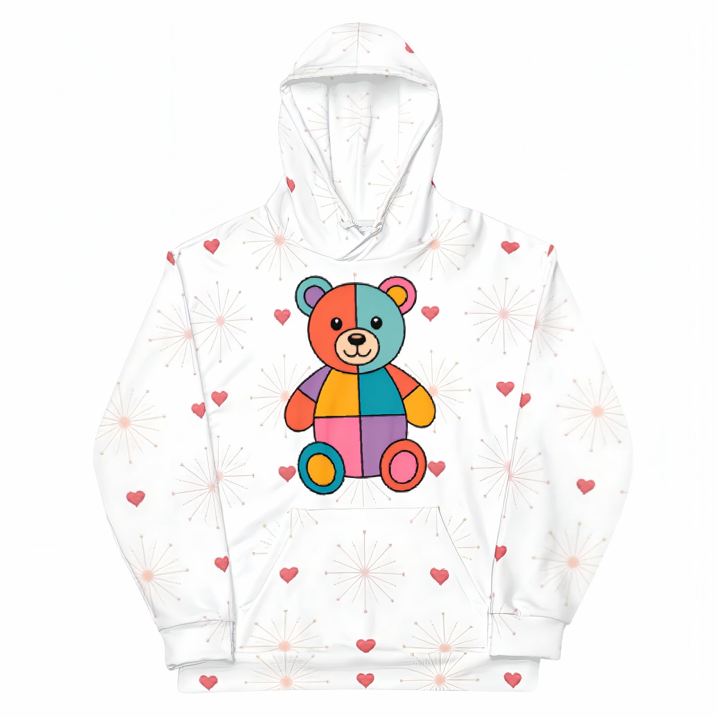 Rainbow Patchwork Bear Cozy Hoodie | Colorful Unisex All-Over Print
