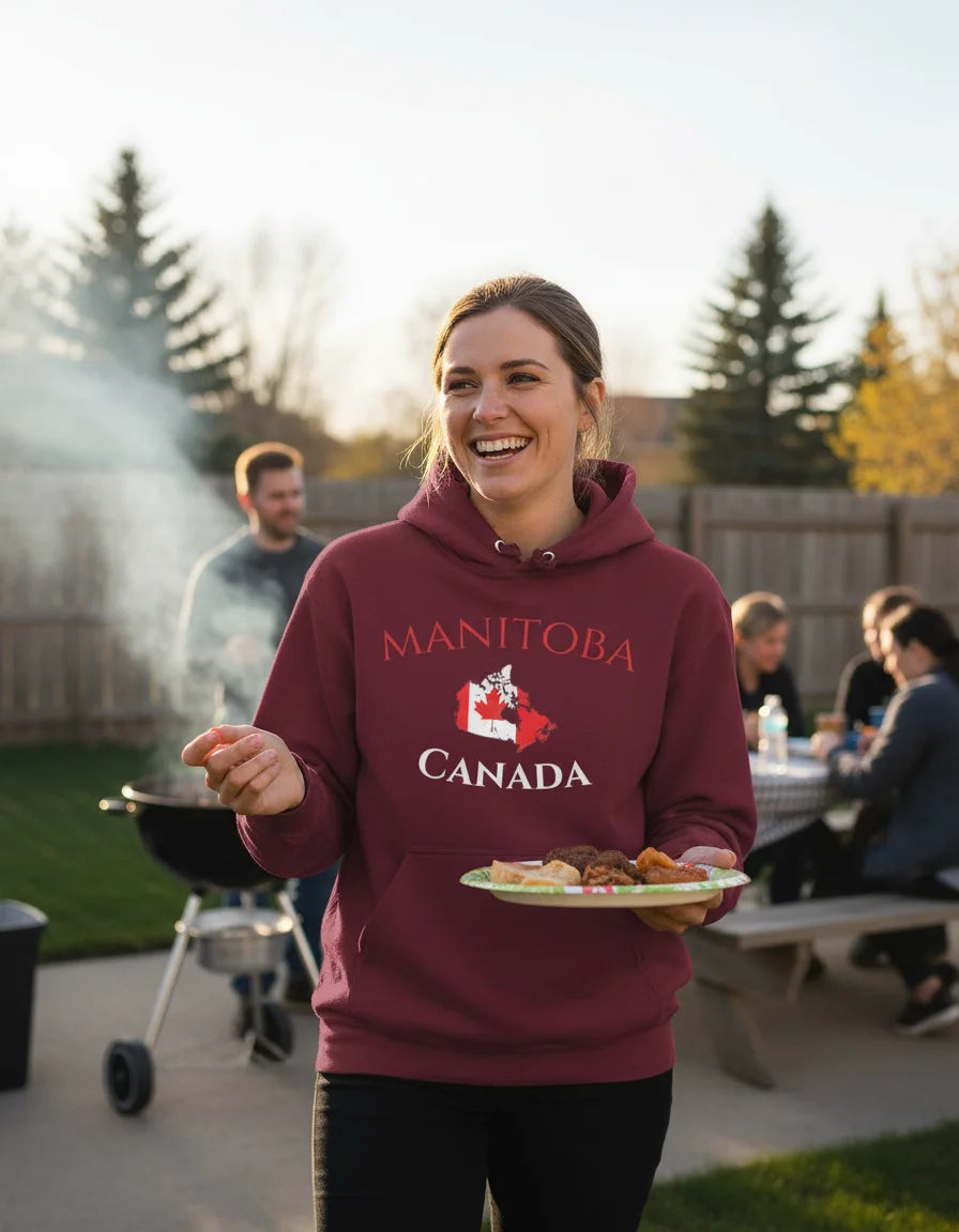 Man wearing a hoodie with 'Manitoba Canada' text sitting at a diner table with a plate of food.