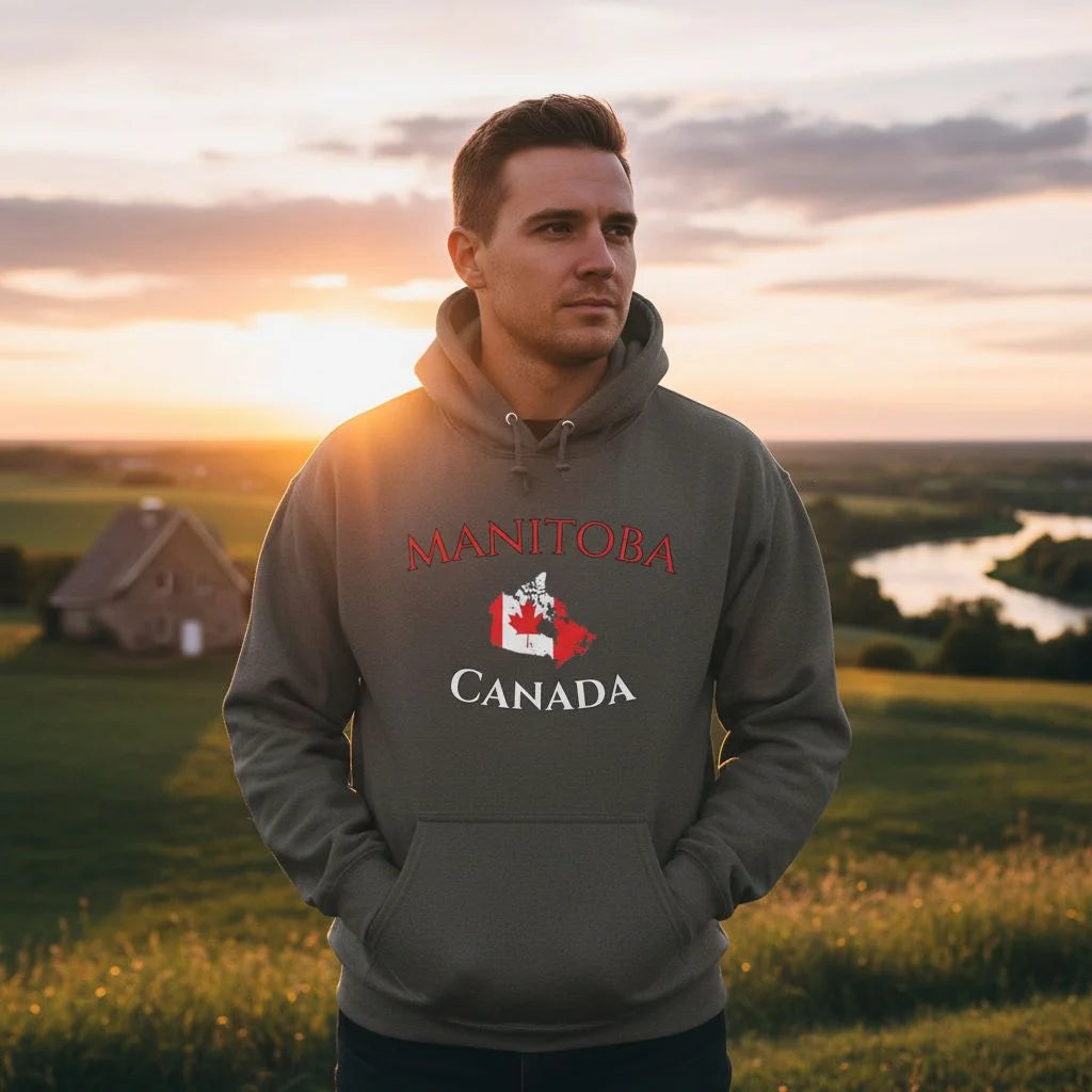 Person wearing a yellow 'Manitoba Canada' hoodie sitting in a stadium.