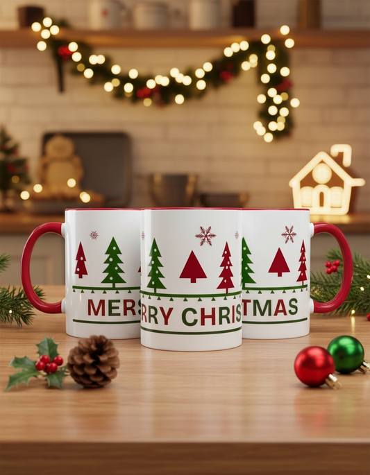 Three Christmas-themed mugs with red handles on a wooden table, decorated with festive elements.