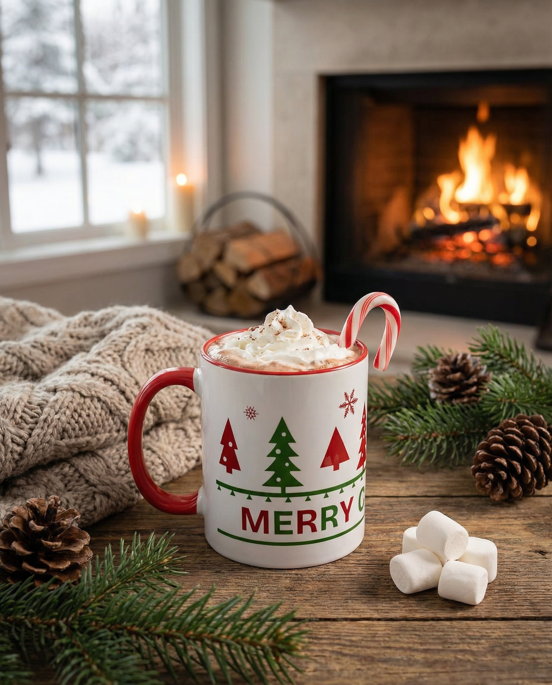 Christmas-themed mug with candy cane and whipped cream on a wooden table in front of a fireplace.