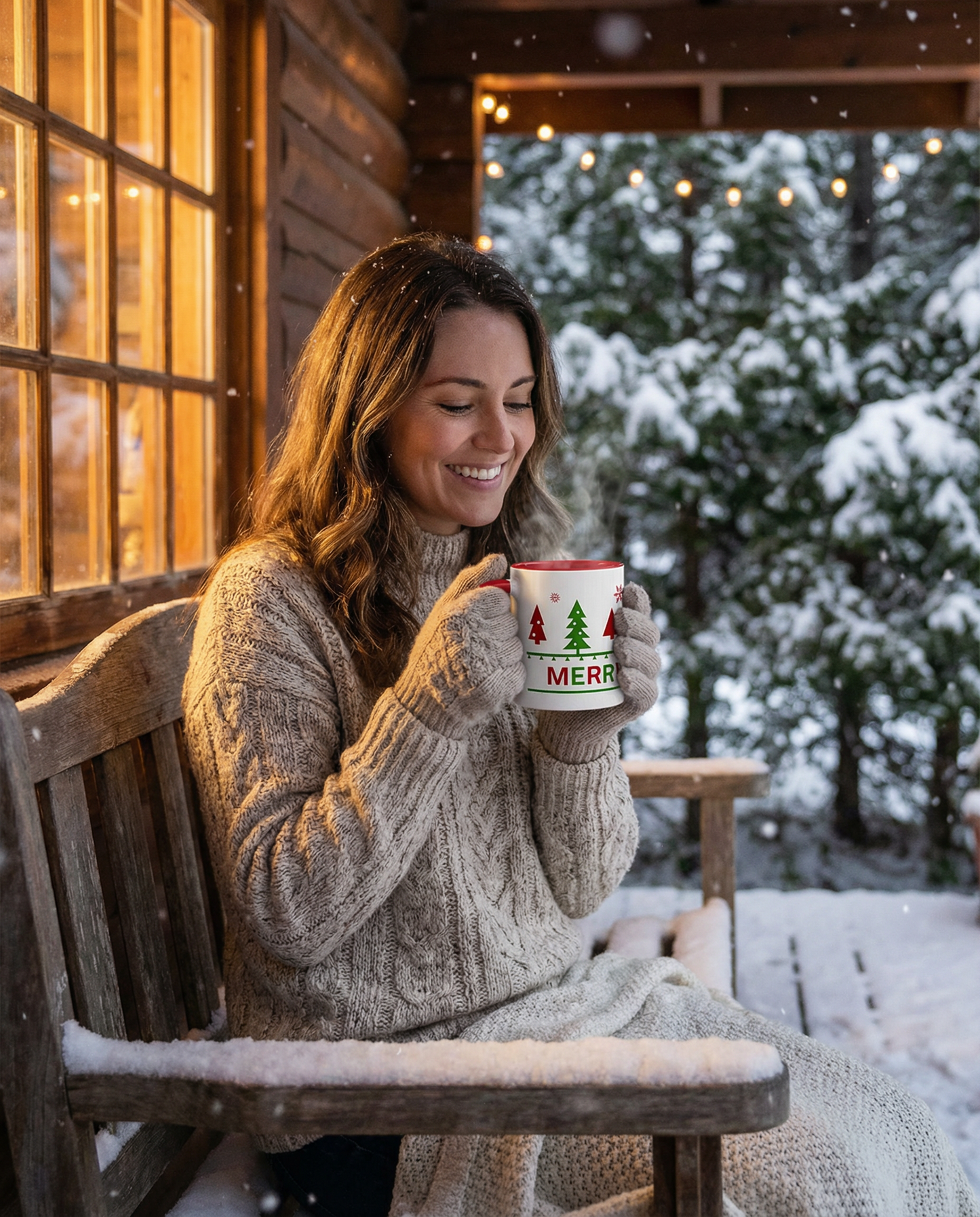Woman sitting on a wooden bench outside a cabin holding a mug with a Christmas design.