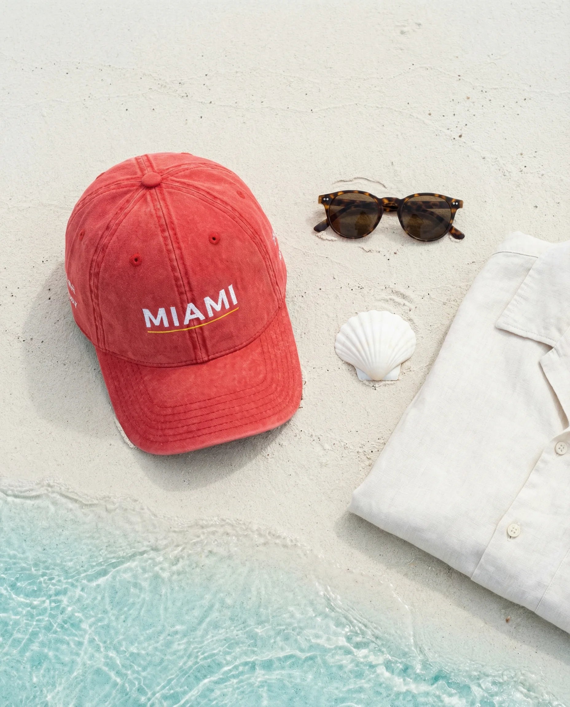 Red 'MIAMI' cap, sunglasses, and white shirt on a sandy beach with ocean water.