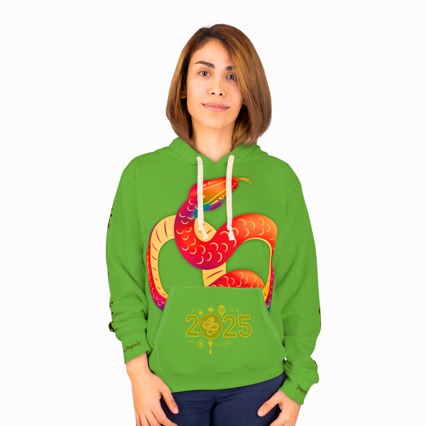 Chinese New Year - 2025 Year of the Snake – Light Green Hoodie with Metallic Gold Blessings (v2)