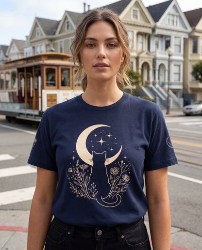 Moon Garden Watcher Cat Celestial Tee