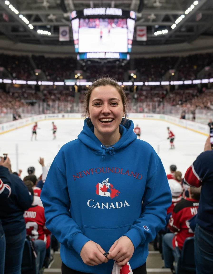 Person wearing a blue hoodie with 'Newfoundland Canada' text at a hockey game.