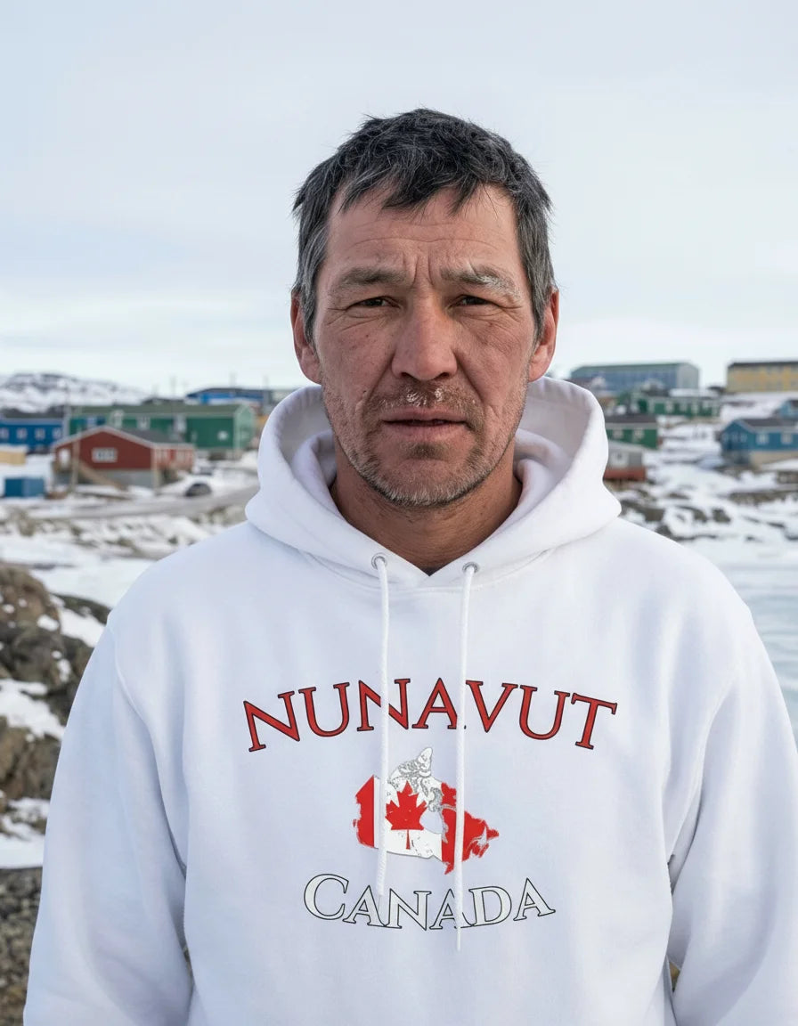 Person wearing a white hoodie with 'Nunavut Canada' text and Canadian flag, standing in a snowy landscape.