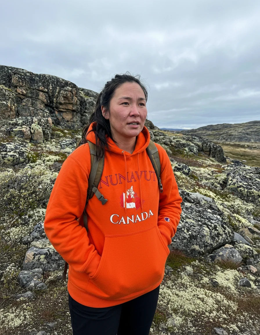 Person wearing an orange hoodie with 'Nunavut Canada' text in a rocky landscape