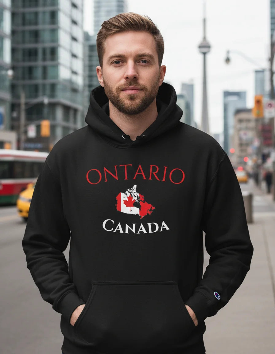 Man wearing a black hoodie with 'Ontario Canada' text and map design in an urban setting.