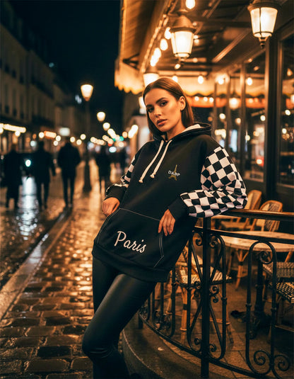 Paris Checkered Unisex Hoodie (Black)