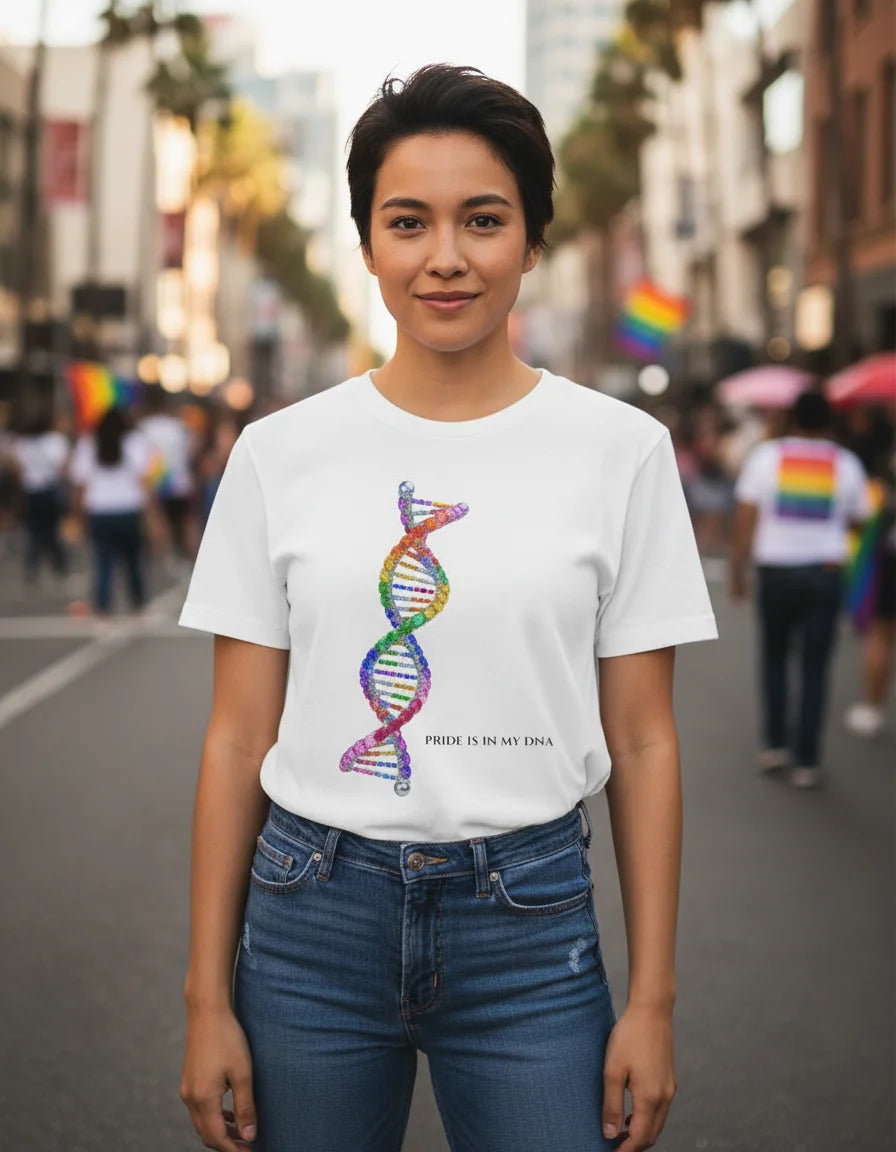 Person wearing a white t-shirt with a colorful DNA strand design on a city street.