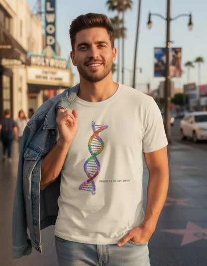 Man wearing a t-shirt with a DNA design on a city street