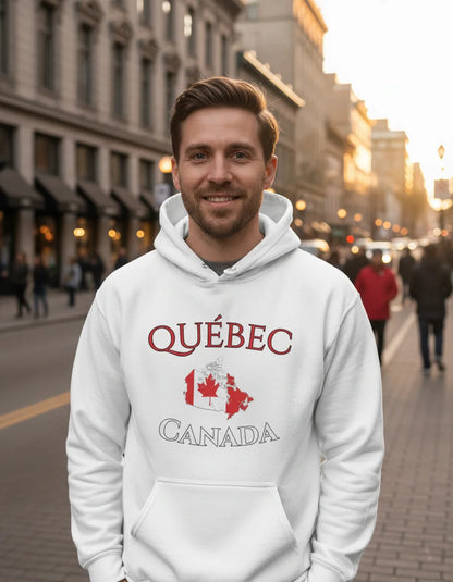 Man wearing a white hoodie with 'Québec Canada' text and maple leaf design on a city street.