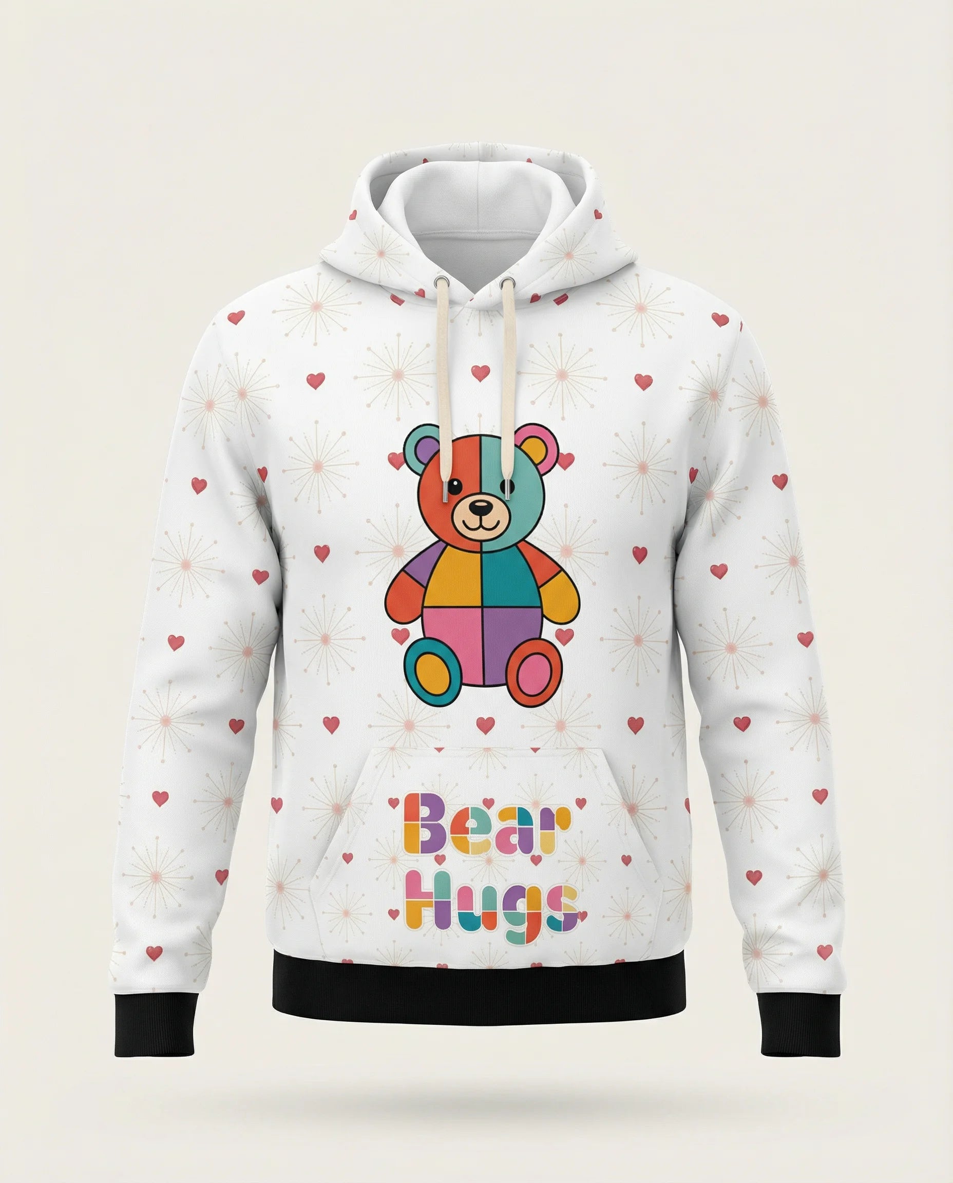White hoodie with a colorful bear graphic and 'Bear Hugs' text on a light background
