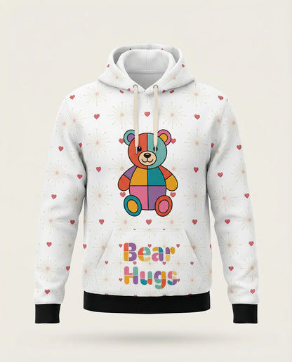 White hoodie with a colorful bear graphic and 'Bear Hugs' text on a light background