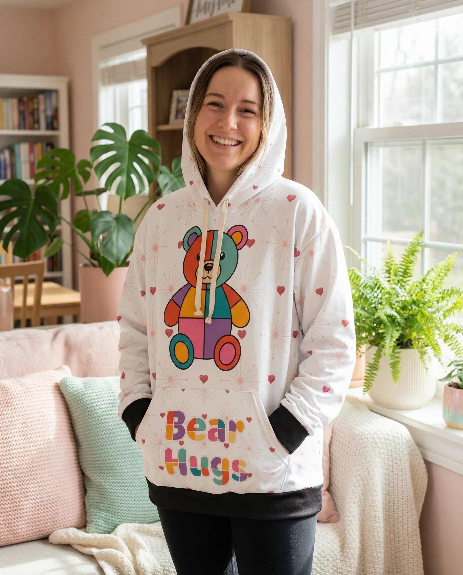 Person wearing a hoodie with a colorful bear design and 'Bear Hugs' text in a cozy living room.