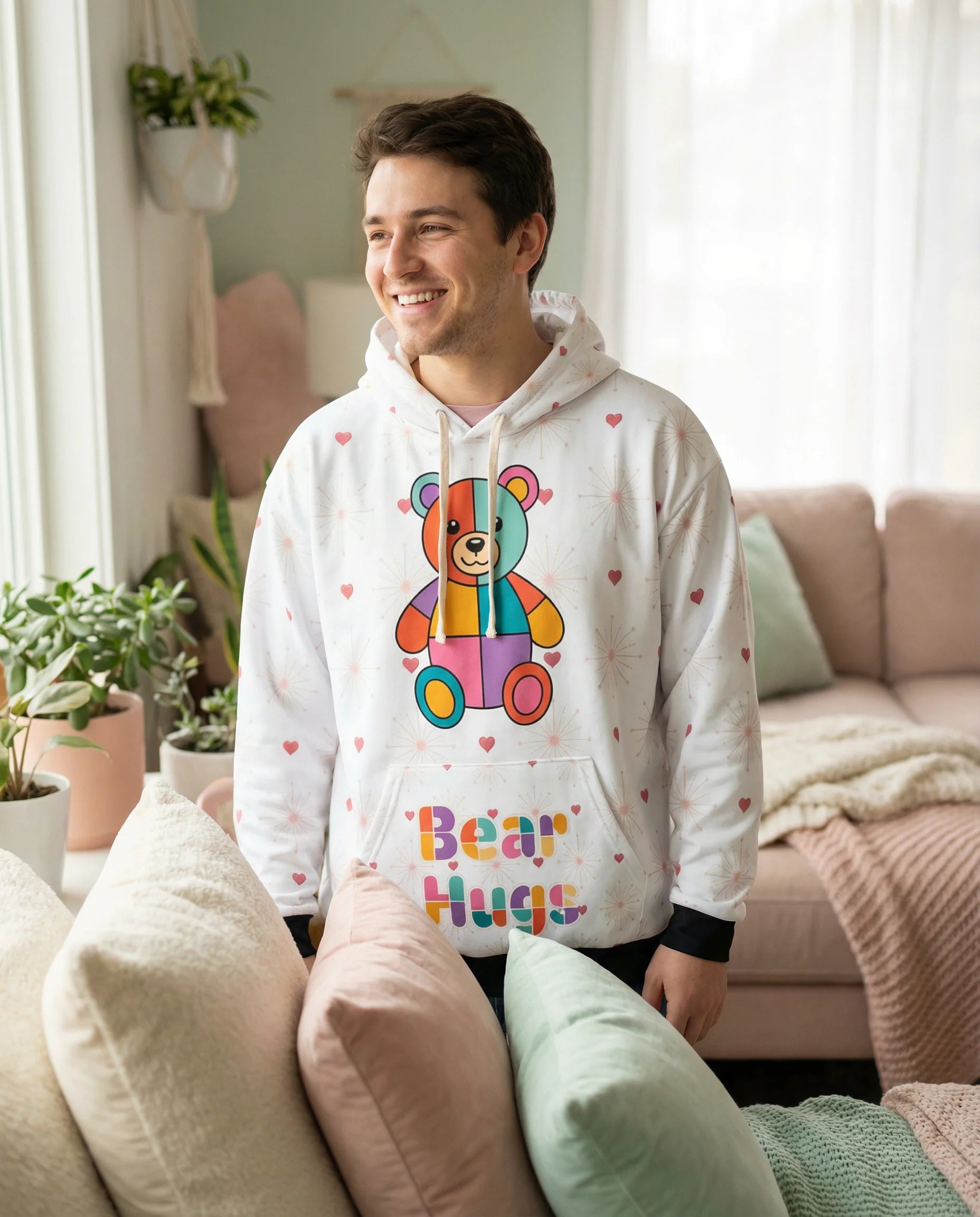 Man wearing a hoodie with a colorful bear design and 'Bear Hugs' text in a cozy living room.