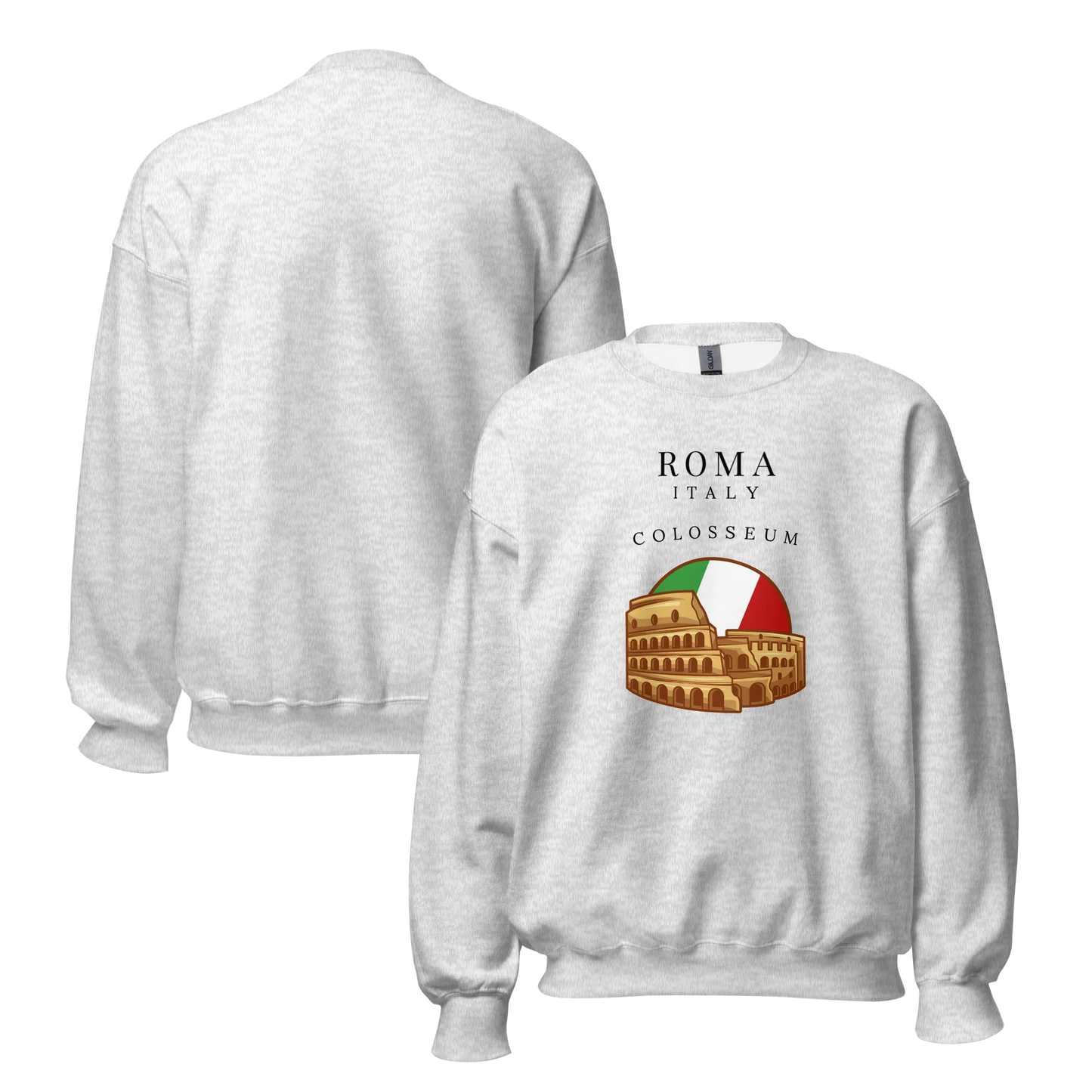 Gray sweatshirt with Colosseum graphic and 'Roma Italy' text on a white background