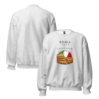Gray sweatshirt with Colosseum graphic and 'Roma Italy' text on a white background