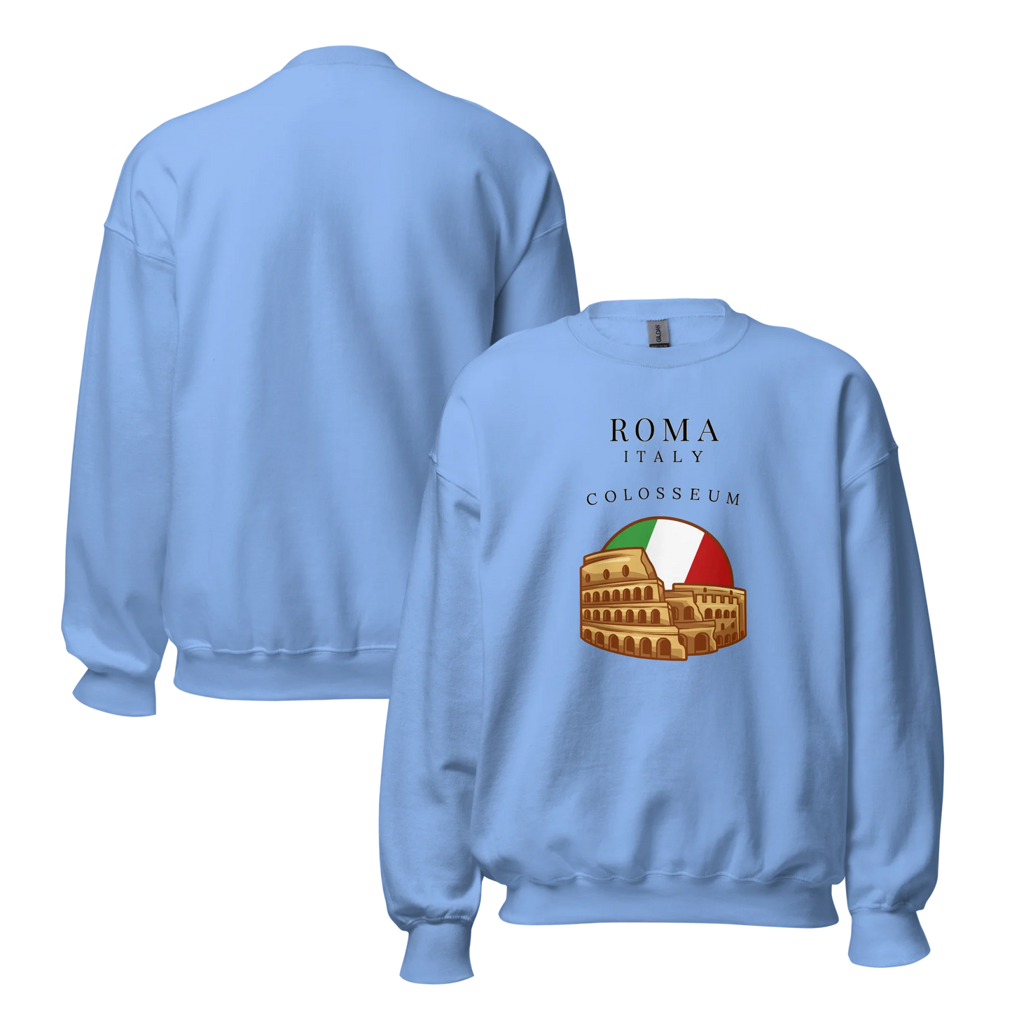 Light blue sweatshirt with Colosseum graphic and 'Roma Italy' text on a white background