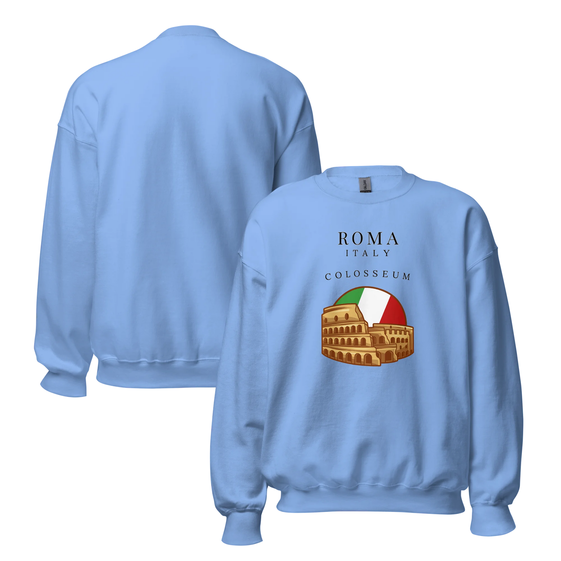 Light blue sweatshirt with Colosseum graphic and 'Roma Italy' text on a white background