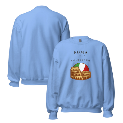 Light blue sweatshirt with Colosseum graphic and 'Roma Italy' text on a white background