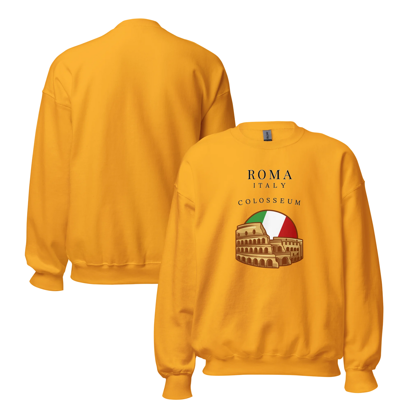 Yellow sweatshirt with Colosseum graphic and 'Roma Italy' text on a white background